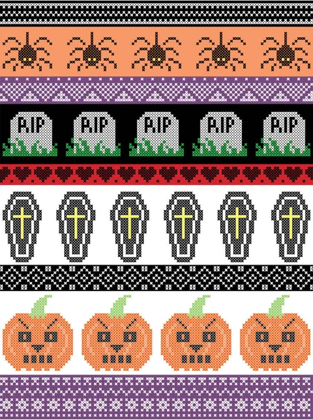 Stitch cruzado escandinavo e tradicional feriado americano inspirado padrão de Halloween sem costura com aranha, sepultura RIP, caixão, abóbora e ornamentos decorativos em roxo, laranja, preto, amarelo — Vetor de Stock
