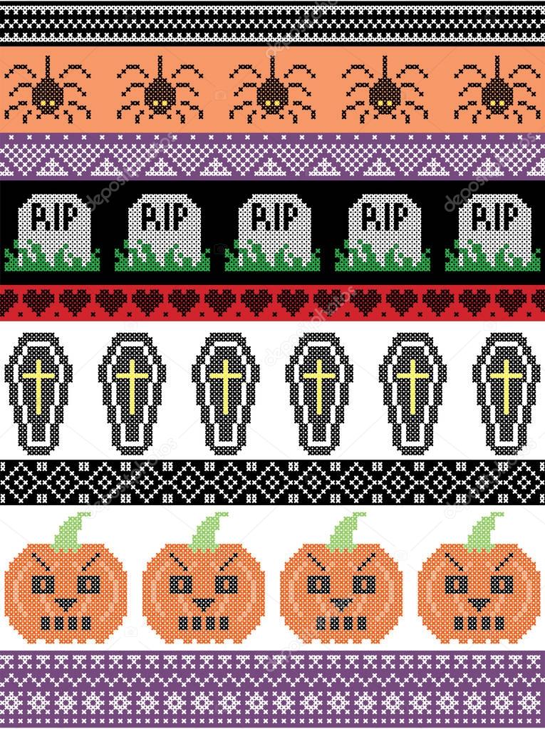 Scandinavian cross stitch and traditional American holiday  inspired seamless Halloween pattern with spider, RIP grave, coffin, pumpkin, and decorative ornaments in purple, orange, black, yellow