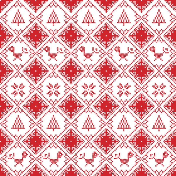 Punto de cruz sin costura escandinavo inspirado en el patrón de Navidad de estilo nórdico en punto de cruz con petirrojo, copo de nieve, estrella, adornos decorativos en rojo y blanco — Archivo Imágenes Vectoriales