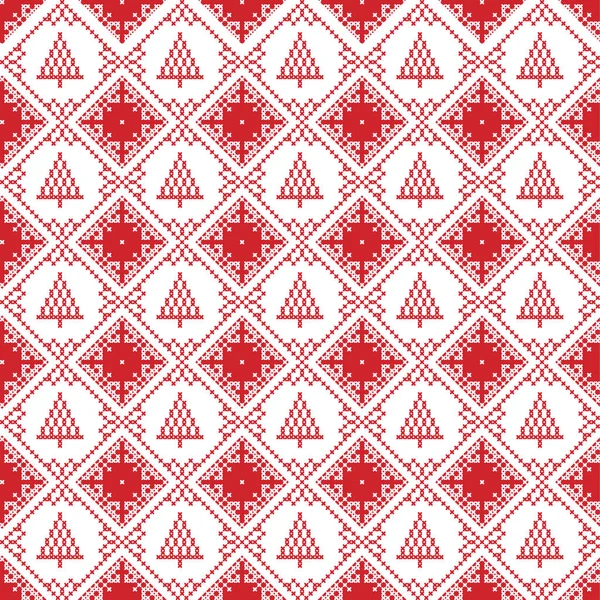 Σκανδιναβική απρόσκοπτη σταυροβελονιά εμπνευσμένη από σκανδιναβικό στυλ Χριστούγεννα μοτίβο σε σταυροβελονιά με Χριστουγεννιάτικο δέντρο, αστέρι και διακοσμητικά στολίδια σε κόκκινο και λευκό τετράγωνο σχήμα — Διανυσματικό Αρχείο