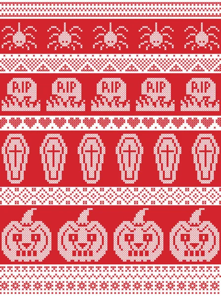 Stitch cruzado escandinavo e tradicional feriado americano inspirado padrão de Halloween sem costura com aranha, sepultura RIP, caixão, abóbora e ornamentos decorativos em vermelho e branco — Vetor de Stock