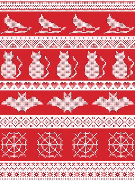 Scandinavian cross stitch, Nordic culture  and traditional American holiday  inspired seamless Halloween pattern with witch hat, spider web, heart shape, cat, and decorative ornaments in red, white — Stock Vector