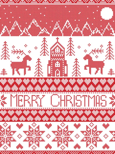 Nordic style and inspired by Scandinavian cross stitch craft merry Christmas pattern in red and white including winter wonderland village, church, xmas trees, mountains, starts, snowflakes, reindeer — стоковый вектор