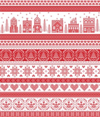 İskandinav tarzı ve İskandinav tarafından kırmızı ve beyaz kış harikalar Köyü, kilise, dahil olmak üzere dikiş zanaat neşeli Noel desen ilham Noel ağaçları, yıldız, kar taneleri, melek, kalp