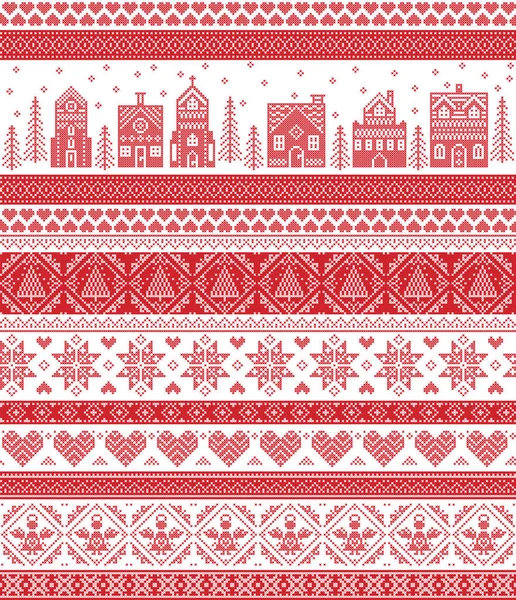 Nordischer Stil und inspiriert von skandinavischem Kreuzstichhandwerk fröhliches Weihnachtsmuster in Rot und Weiß mit Winterwunderland Dorf, Kirche, Weihnachtsbäumen, Sternen, Schneeflocken, Engel, Herz — Stockvektor