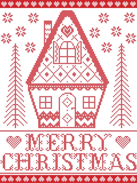 Nordischer Stil und inspiriert von skandinavischem Kreuzstichhandwerk fröhliches Weihnachtsmuster in Rot und Weiß mit Herzen, Lebkuchenhaus, Schneeflocken, Schnee, Weihnachtsbaum — Stockvektor