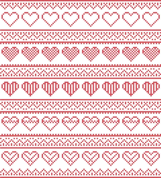 Nordic style and inspired by Scandinavian cross stitch craft seamless Christmas pattern in red and white including  vary hearts elements and  decorative ornaments — Stock Vector