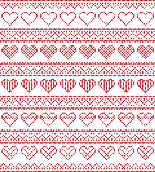 Nordic style and inspired by Scandinavian cross stitch craft seamless Christmas pattern in red and white including  vary hearts elements and  decorative ornaments 