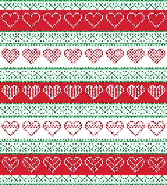 Nordic style and inspired by Scandinavian cross stitch craft seamless Christmas pattern in red and white and green  including  vary hearts elements and  decorative ornaments — Stock Vector