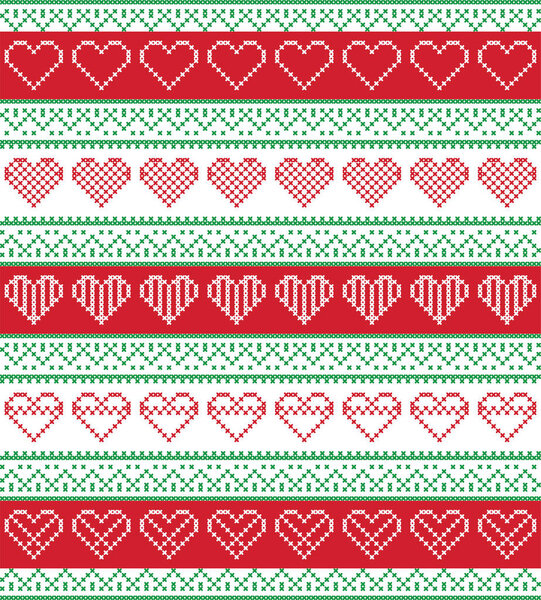 Nordic style and inspired by Scandinavian cross stitch craft seamless Christmas pattern in red and white and green  including  vary hearts elements and  decorative ornaments