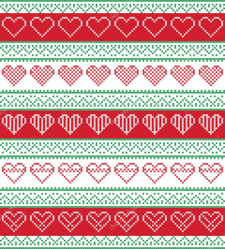 Nordic style and inspired by Scandinavian cross stitch craft seamless Christmas pattern in red and white and green  including  vary hearts elements and  decorative ornaments
