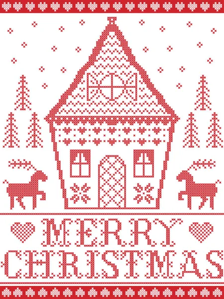 Nordic style and inspired by Scandinavian Christmas pattern illustration in cross stitch in red and white including gingerbread house, Christmas tree, star, snowflake, heart, reindeer — стоковый вектор