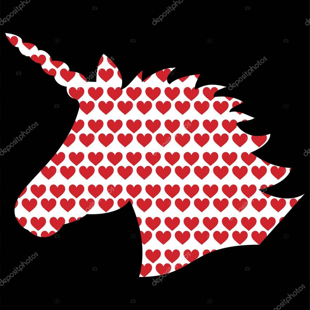 Simple shape, silhouette  of the magical unicorn in white on the black background with red love hearts background element 
