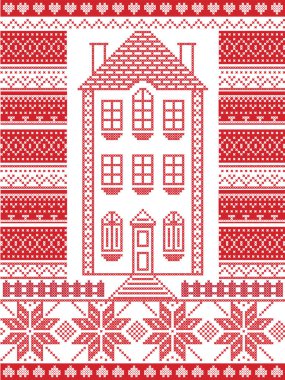 İskandinav tarzı ve dekoratif sorunsuz süslü desen desen resimde kırmızı ve beyaz dahil gingerbread house, yıldız, çit, dikiş çapraz İskandinav Noel esinlenerek 