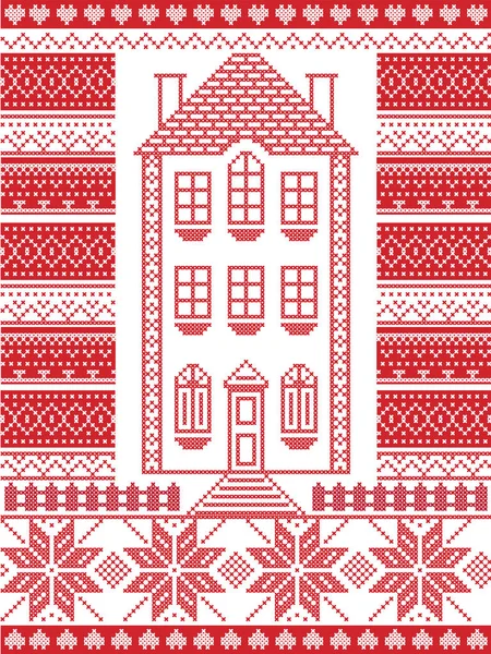 Nordic style and inspired by Scandinavian Christmas pattern illustration in cross stitch in red and white including  gingerbread house,star, fence, decorative seamless ornate patterns — Stock Vector