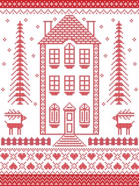 İskandinav tarzı ve İskandinav Noel Çapraz dikiş kırmızı ve beyaz dahil olmak üzere ev gingerbread, kar tanesi, kalp, çit, dekoratif sorunsuz süslü desen desen çizimde esinlenerek 