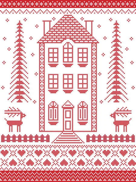 Estilo nórdico e inspirado en la ilustración del patrón de Navidad escandinavo en punto de cruz en rojo y blanco, incluida la casa de jengibre, copo de nieve, corazón, valla, patrones decorativos adornados sin costuras — Archivo Imágenes Vectoriales