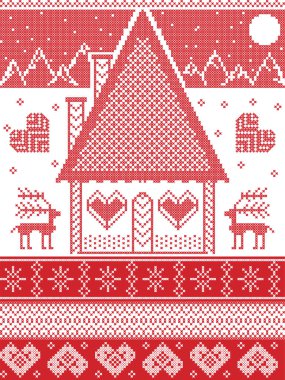 İskandinav tarzı, çapraz dikiş kırmızı ve beyaz dahil olmak üzere ev gingerbread, yıldız, kar tanesi, kar, kalp, dağ, moon, Ren geyiği, İskandinav Noel desen çizimde esinlenerek süsler