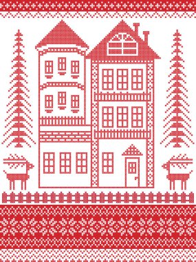 İskandinav tarzı ve dekoratif sorunsuz süslü desen desen çizimde Çapraz dikiş, kırmızı ve Beyaz Kule, kar tanesi, çit, ev gingerbread dahil İskandinav Noel esinlenerek 