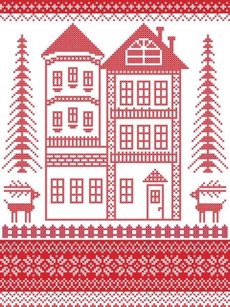 Scandinavische stijl en geïnspireerd door de Scandinavische kerst illustratie van de patroon in kruissteek, rood en wit met inbegrip van peperkoek huis met toren, sneeuwvlok, hek, decoratieve naadloze sierlijke patronen — Stockvector