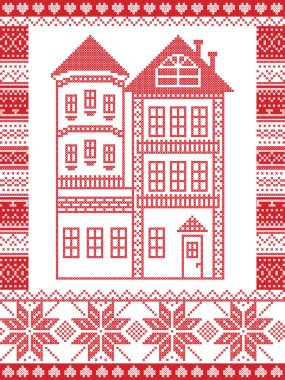 İskandinav tarzı kış ve İskandinav Noel desen çizimde tower, kar tanesi, kesintisiz dekor ile uzun boylu gingerbread ev dahil olmak üzere dikiş çapraz esinlenerek süslü desen kırmızı, beyaz