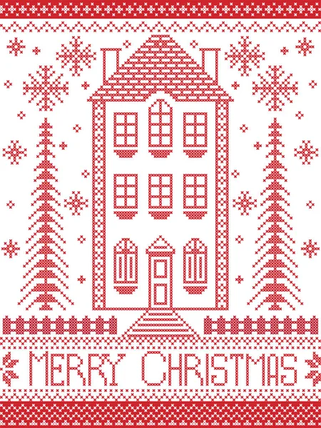 メリー クリスマス冬の北欧スタイルと赤で背の高いジンジャーブレッド家、トナカイ、雪の結晶、シームレスな華美な装飾的なパターンを含むクロスステッチで北欧クリスマス パターンに触発 — ストックベクタ
