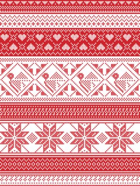 İskandinav tarzı ve İskandinav Noel desen çizimde Çapraz dikiş, kırmızı ve beyaz Robin, kar tanesi, kalp, yıldız ve dekoratif sorunsuz süslü desen gibi ilham 