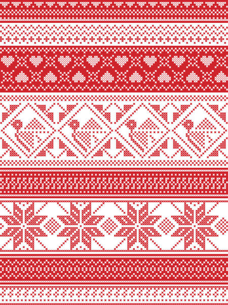Nordic style and inspired by Scandinavian Christmas pattern illustration in cross stitch, in red and white including Robin , snowflake, heart, stars, and decorative seamless ornate patterns 
