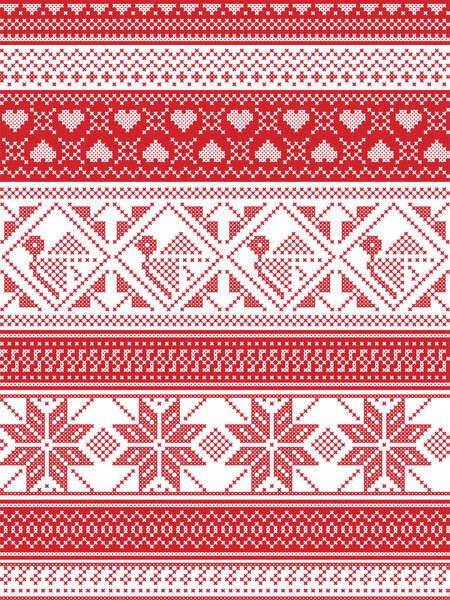 Nordic style and inspired by Scandinavian Christmas pattern illustration in cross stitch, in red and white including Robin, snowflake, heart, stars, and decorative seamless ornate patterns
 