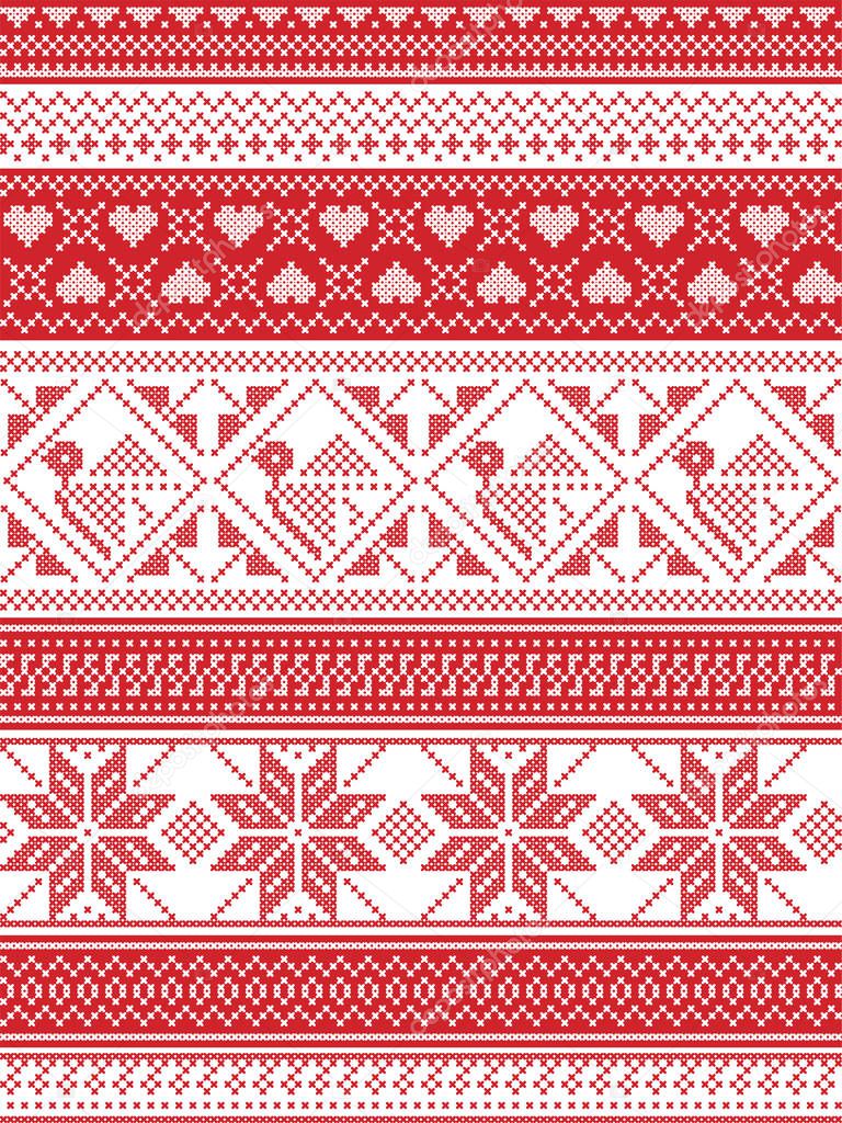 Nordic style and inspired by Scandinavian Christmas pattern illustration in cross stitch, in red and white including Robin , snowflake, heart, stars, and decorative seamless ornate patterns 