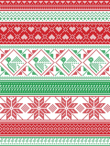 Nordic style and inspired by Scandinavian Christmas pattern illustration in cross stitch, in red and white including Robin , snowflake, heart, stars, and decorative seamless ornate patterns in red, green — Stock Vector