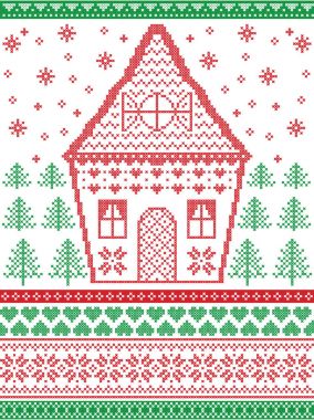 İskandinav tarzı ve İskandinav Noel desen ve çapraz dikiş kırmızı, yeşil, beyaz ev gingerbread, yılbaşı ağacı, yıldız, kar tanesi, kalp, dekoratif süslü çizgi de dahil olmak üzere el sanatları esinlenerek