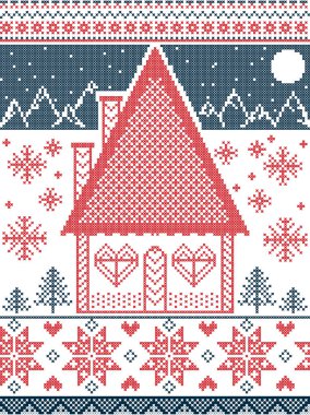 İskandinav tarzı ve İskandinav Noel desen ve çapraz dikiş kırmızı, mavi, beyaz ev gingerbread, yılbaşı ağacı, yıldız, kar tanesi, kalp de dahil olmak üzere el sanatları esinlenerek, dağlar, ayın