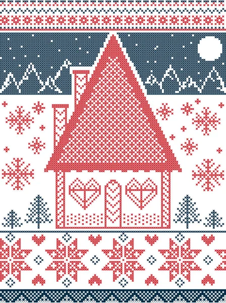 Style nordique et inspiré du motif scandinave de Noël et de l'artisanat au point de croix en rouge, bleu, blanc, y compris la maison en pain d'épice, arbre de Noël, étoile, flocon de neige, coeur, montagnes, lune — Image vectorielle