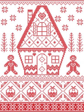 İskandinav tarzı ve İskandinav Çapraz dikiş zanaat esinlenerek Noel desen kırmızı, beyaz dahil olmak üzere kalp, zencefilli ev, zencefilli kurabiye adam, Noel pudingi, kar taneleri, kar, Noel ağacı