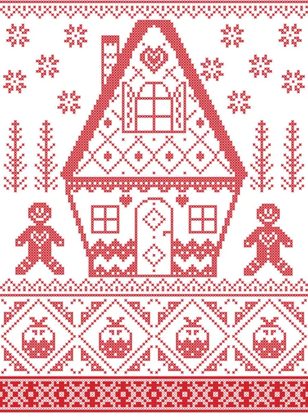 Nordischer Stil und inspiriert von skandinavischem Kreuzstichhandwerk Weihnachtsmuster in rot, weiß einschließlich Herz, Lebkuchenhaus, Lebkuchenmann, Weihnachtspudding, Schneeflocken, Schnee, Weihnachtsbaum — Stockvektor