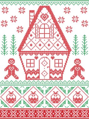 İskandinav tarzı ve İskandinav Çapraz dikiş zanaat esinlenerek Noel desen kırmızı, yeşil dahil olmak üzere kalp, zencefilli ev, zencefilli kurabiye adam, Noel pudingi, kar taneleri, kar, Noel ağacı