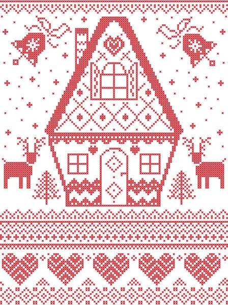 Nordic style and inspired by Scandinavian cross stitch craft Christmas pattern in red, white including heart, gingerbread house, reindeer, Christmas bell, snowflakes, snow, Christmas tree — Stock Vector