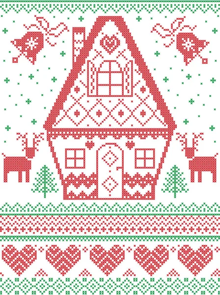 Style nordique et inspiré par l'artisanat scandinave point de croix motif de Noël en rouge, blanc, vert, y compris le cœur, maison de pain d'épice, rennes, cloche de Noël, flocons de neige, neige, arbre de Noël — Image vectorielle