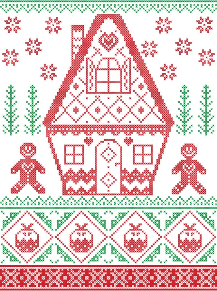 Nordischer Stil und inspiriert von skandinavischem Kreuzstichhandwerk Weihnachtsmuster in rot, grün einschließlich Herz, Lebkuchenhaus, Lebkuchenmann, Weihnachtspudding, Schneeflocken, Schnee, Weihnachtsbaum — Stockvektor