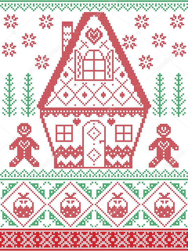 Nordic style and inspired by Scandinavian cross stitch craft Christmas pattern in red , green including heart, gingerbread house, gingerbread man, Christmas pudding, snowflakes, snow, Christmas tree