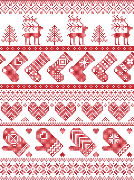 Patrón de Navidad de costura de invierno escandinavo, estilo nórdico, incluyendo copos de nieve, corazones, regalo de Navidad, nieve, estrella, árbol de Navidad, renos y adornos decorativos en rojo, blanco — Vector de stock