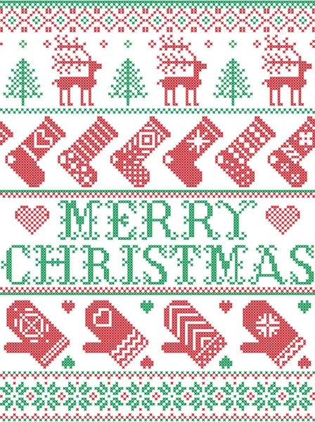 Merry Christmas skandinaviska mönster i nordiska vinter och jul sydd stil, inklusive snöflingor, stjärnor, snö, hjärtat, julgran, renar, vante, strumpa, utsmyckade linje i rött, grönt — Stock vektor