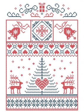 İskandinav, Nordic style kar taneleri, Kalpler, mevcut, kar, dahil olmak üzere kış dikiş Noel desen yıldız, yılbaşı ağacı, Ren geyiği ve kırmızı, dekoratif süs eşyaları mavi dikdörtgen çerçeve içinde