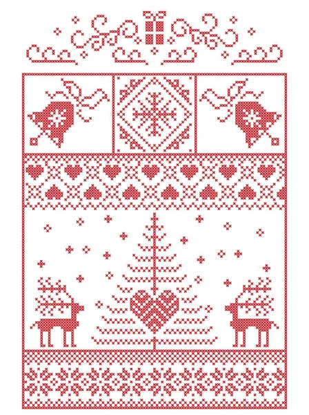 Scandinavian, Nordic style winter stitching Christmas pattern including snowflakes, hearts,present, snow, star, Christmas tree, reindeer and decorative ornaments in red, blue in rectangle frame — Stock Vector