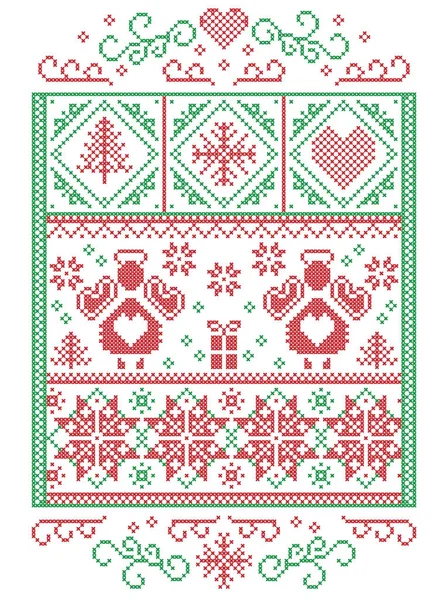 Elegant Christmas Scandinavian, Nordic style winter stitching, pattern including  Angel, snowflakes, heart, gift, star, Christmas tree, snow and decorative ornaments in white, red, green in rectangle frame — Stock Vector