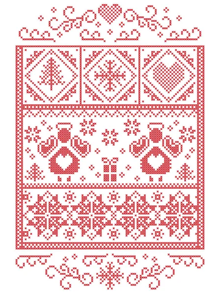 Елочные игрушки, зимняя вышивка в скандинавском стиле, узор в виде Ангела, снежинок, сердца, подарка, звезды, елки, снега и декоративных орнаментов в белой, красной, прямоугольной рамке — стоковый вектор