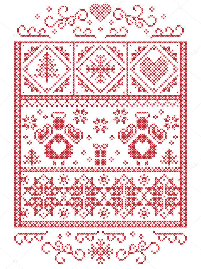 Elegant Christmas Scandinavian, Nordic style winter stitching, pattern including  Angel, snowflakes, heart, gift, star, Christmas tree, snow and decorative ornaments in white, red,  in rectangle frame