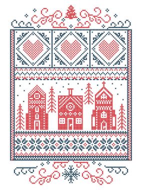 Noel İskandinav, dikiş, kar tanesi, kalp, kış harikalar diyarı Köyü, zencefilli ev, kilise, dahil olmak üzere desen Noel ağacı, kar kırmızı, İskandinav tarzı kış mavi dikdörtgen çerçeve içinde