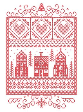 Noel İskandinav, dikiş, kar tanesi, kalp, kış harikalar diyarı Köyü, zencefilli ev, kilise, dahil olmak üzere desen Noel ağacı, kar kırmızı, İskandinav tarzı Kış beyaz dikdörtgen çerçeve içinde